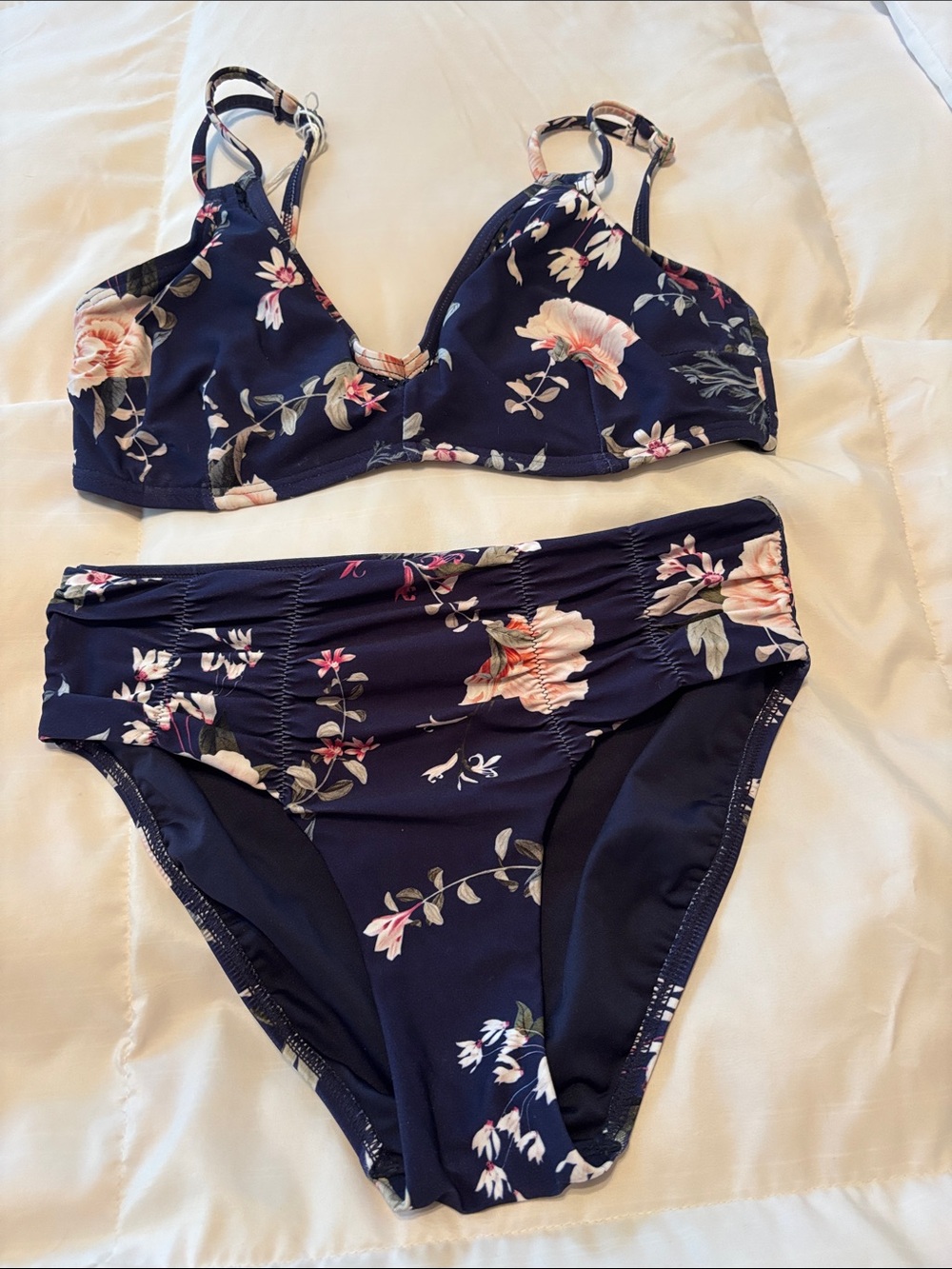 Navy Floral High-Waist Bikini Set